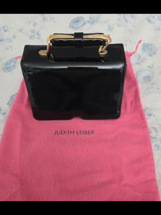 Judith Leiber Handbags - Judith Leiber Black Patent Leather Top-Handle Box Bag with Gold Hardware